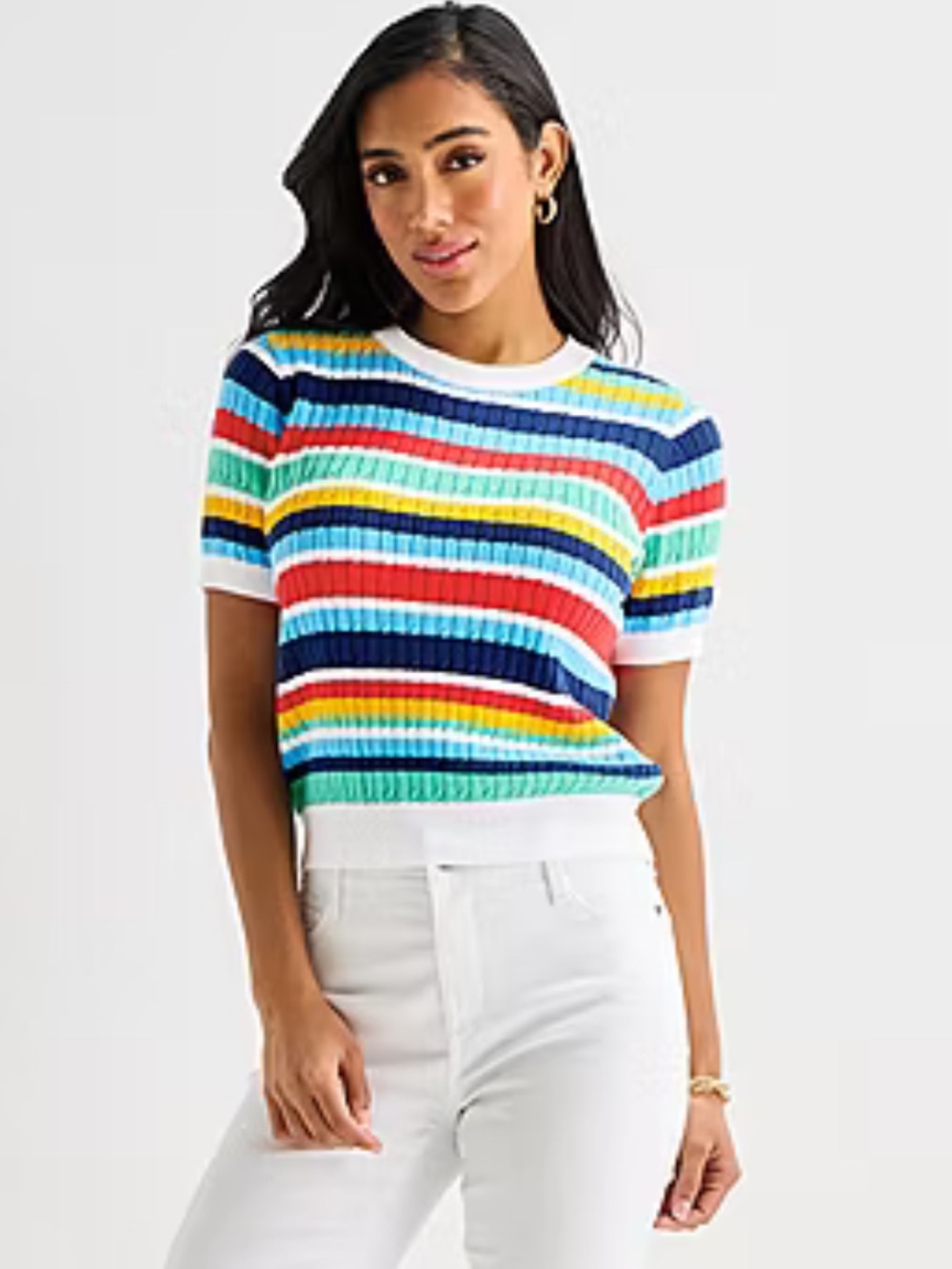 St. John's Bay Striped Multicolor Short-Sleeve Knit Top
